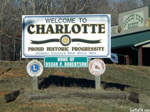 Welcome to Charlotte sign with Home of Oscar P. Robertson
