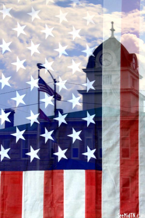 Fentress County Courthouse Reflection Upon US Flag in Store Window - Jamestown, TN