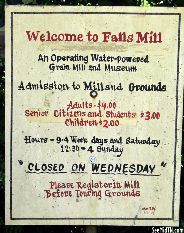Falls Mill admission sign