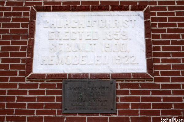 East Main Church of Christ Cornerstone and President Garfield Plaque