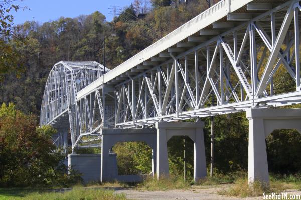 Cordell Hull Bridge (2014 reopened) East low view - Carthage, TN