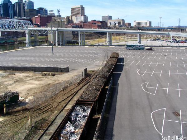 LP field parking, skyline, train, Shelby Bridge